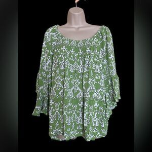 Cato Green and White Smocked 3/4 bell Sleeve Blouse 18/20W